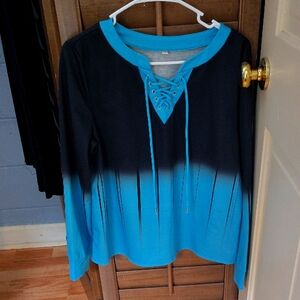 Blue and Black Lace-Up Women's Top